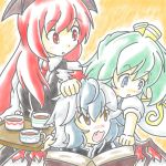  3girls :o bat_wings blue_dress blue_eyes blue_hair blush book bow brown_eyes cup daiyousei dress dress_shirt fairy_wings fang feathers green_hair hair_bow hand_on_another&#039;s_head head_wings holding)book koakuma kujiraya long_hair long_sleeves looking_at_another multiple_girls necktie open_book open_mouth pointing puffy_short_sleeves puffy_sleeves reading red_eyes red_wings redhead shirt short_sleeves side_ponytail simple_background single_wing skirt skirt_set teacup tokiko_(touhou) touhou tray vest wavy_mouth white_shirt wings 