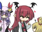 3girls ? black_wings blonde_hair blush_stickers book bow chibi closed_eyes commentary_request flat_gaze frills gomasamune hair_bow hair_ribbon hat hat_ribbon head_wings heart koakuma multiple_girls necktie open_mouth patchouli_knowledge purple_hair redhead ribbon side_ponytail touhou violet_eyes wings |_|