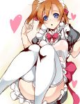  1girl ajishio alternate_costume apron blue_eyes blush brown_hair enmaided kousaka_honoka love_live!_school_idol_project maid maid_headdress open_mouth short_hair side_ponytail solo thigh-highs 