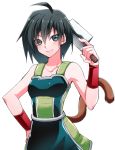  1girl ahoge armor black_hair collarbone dragon_ball dragon_ball_z emappo gine meat_cleaver simple_background smile solo tail white_background 