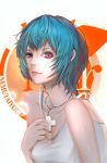  1girl ayanami_rei bare_arms blue_hair ciyuan cross jewelry looking_at_viewer necklace neon_genesis_evangelion red_eyes short_hair solo 