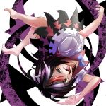  1girl barefoot black_hair bow horns janne_cherry kijin_seija looking_at_viewer multicolored_hair puffy_sleeves short_sleeves smile solo tongue tongue_out touhou upside-down yellow_eyes 