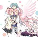  3girls bow cape choker dress dual_persona gloves gmork goddess_madoka hair_bow hair_ornament hair_ribbon hairclip kaname_madoka long_hair magical_girl mahou_shoujo_madoka_magica mahou_shoujo_madoka_magica_movie miki_sayaka multiple_girls pink_eyes pink_hair ribbon school_uniform short_hair short_twintails smile spoilers thigh-highs twintails two_side_up wings zettai_ryouiki 