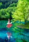 1girl bow brown_hair detached_sleeves forest from_behind grass hair_bow hakurei_reimu hands_in_sleeves lake levitation luoye mary_janes nature outdoors reflection shoes short_hair skirt skirt_set solo touhou tree_branch wind 