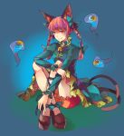  1girl animal_ears bell bell_collar black_shoes bow braid cat_ears cat_tail collar dress dryades frilled_dress frills green_bow green_dress hair_bow holding_arm kaenbyou_rin long_hair long_sleeves looking_away multiple_tails red_eyes redhead sitting smile solo tail touhou twin_braids 
