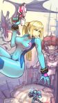  blonde_hair blue_eyes covered_navel dark_samus glowing gun metroid mother_brain oo_gata_ken ponytail ridley samus_aran super_smash_bros. weapon zero_suit 