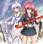  2girls blue_eyes blush clouds diesel-turbo epaulettes hair_ribbon junketsu katana kill_la_kill kiryuuin_satsuki kiryuuin_satsuki_(cosplay) long_hair lyrical_nanoha mahou_shoujo_lyrical_nanoha mahou_shoujo_lyrical_nanoha_a&#039;s matoi_ryuuko matoi_ryuuko_(cosplay) midriff multiple_girls pink_hair ponytail red_eyes reinforce ribbon school_uniform scissor_blade senketsu sheath sheathed signum silver_hair single_glove skirt sly smile suspenders sword thigh-highs thumbs_up weapon 