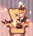  1girl :t armchair boots cake chair crossed_legs dav-19 dress eating food hat jakuzure_nonon kill_la_kill knee_boots payot pink_eyes pink_hair shako_cap short_hair sitting skull smile solo wrist_cuffs 