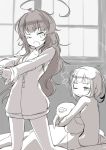  2girls ahoge doll fang female_admiral_(kantai_collection) kantai_collection kuma_(kantai_collection) long_hair mataichi_mataro messy_hair monochrome multiple_girls open_mouth pengun short_hair sleepy wink 