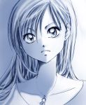  1girl frown jewelry kazuho_(fee_neige) long_hair lowres monochrome necklace solo 