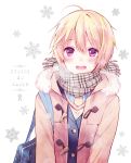  blonde_hair coat inko_(mini) itoshi_no_karin kawai_karin looking_at_viewer open_mouth scarf short_hair smile snowflakes solo unbuttoned violet_eyes 