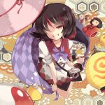  1girl bangle black_hair bracelet camera checkered doll dress from_above grin hair_over_one_eye hillly_(maiwetea) horn impossible_spell_card jewelry jizou kijin_seija lantern looking_at_viewer mallet multicolored_hair orb paper_lantern red_eyes short_hair smile solo tagme touhou yin_yang 