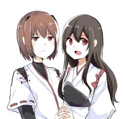  2girls akagi_(kantai_collection) black_hair brown_eyes brown_hair bust hyuuga_(kantai_collection) interlocked_fingers kantai_collection long_hair multiple_girls muneate open_mouth short_hair smile uiroutsuji_yumihiko 