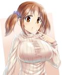  1girl blush breasts brown_eyes brown_hair gagaga idolmaster idolmaster_cinderella_girls large_breasts looking_at_viewer parted_lips pointing pointing_at_self ribbed_sweater scrunchie solo sweater totoki_airi twintails 