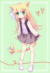  1girl animal_ears bell blonde_hair cat_ears cat_tail collarbone full_body green_background green_eyes hair_ornament hair_ribbon hairclip heart hoshi jacket leaning_forward long_hair original parted_lips pigeon-toed ribbon shirt skirt socks solo standing tail tattoo white_shoes 