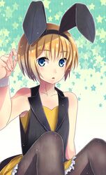  1boy animal_ears armin_arlert blonde_hair blue_eyes bunny_boy bunnysuit crossdressinging highres kazuki_hoshino male pantyhose rabbit_ears shingeki_no_kyojin short_hair solo trap wrist_cuffs 