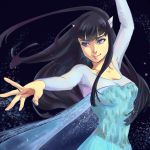  1girl black_hair blue_eyes cosplay dress elsa_(frozen) elsa_(frozen)_(cosplay) frozen_(disney) kill_la_kill kiryuuin_satsuki liang_(huimie11) long_hair parody solo 