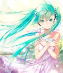  1girl bare_shoulders crossed_arms dress floating_hair flower frilled_dress frills fuyuno_haruaki green_eyes green_hair hair_flower hair_ornament hatsune_miku holding letter long_hair looking_at_viewer open_mouth ribbon smile solo sundress twintails vocaloid 