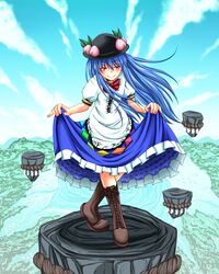  1girl blue_hair boots bow character_request cross-laced_footwear crossed_legs_(standing) curtsey food fruit hair hat highres hinanawi_tenshi lace-up_boots long_hair long_skirt peach pinky_out red_eyes shiba_meiji skirt skirt_hold skirt_lift sky smile solo tagme touhou 