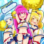  3girls aino_megumi alternate_form blonde_hair blue_eyes blue_skirt blush cheerleader cherrose cosplay crop_top cure_honey cure_honey_(cosplay) cure_lovely cure_princess earrings happinesscharge_precure! highres jewelry long_hair magical_girl midriff multiple_girls navel oomori_yuuko payot pink_eyes pink_hair pom_poms ponytail popcorn_cheer precure shirayuki_hime skirt smile twintails wink wrist_cuffs yellow_eyes 