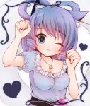  1girl ;3 animal_ears bebitera bell belt blue_eyes blue_hair breasts cat_ears cleavage dress flower hagoromo hair_rings head_tilt heart highres jewelry jingle_bell kaku_seiga kemonomimi_mode looking_at_viewer necklace paw_pose puffy_short_sleeves puffy_sleeves shawl short_hair short_sleeves simple_background solo touhou white_background wink 