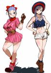  2girls :q ankle_boots bangle bare_legs belt blue_eyes blush boots bow bracelet breasts bulma character_name character_request clothes_writing crop_top dragon_ball dress gloves grin hair_bow hands_on_hips hat jewelry large_breasts long_hair loose_socks midriff mound_of_venus multiple_girls navel ponytail purple_hair rickert_kai scarf shoes short_dress short_shorts shorts small_breasts smile sneakers socks standing tongue vertical_stripes 
