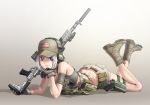  1girl assault_rifle battle_rifle combat_boots glock gloves gun handgun hat kws load_bearing_vest looking_at_viewer m14 mk_14_mod_0_ebr original rifle shorts silver_hair solo suppressor united_states&#039;s_flag violet_eyes weapon 