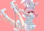  1girl baton boots dress hat ishihara_saika jakuzure_nonon kill_la_kill legs_up pink_eyes pink_hair shako_cap solo uniform 