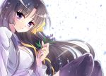  1girl black_hair breasts cleavage flower kurugaya_yuiko lavender little_busters!! long_hair ribbon school_uniform tazu thigh-highs violet_eyes 