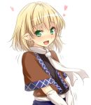  1girl arm_warmers blonde_hair blush bust green_eyes heart looking_at_viewer mizuhashi_parsee open_mouth pointy_ears scarf short_hair skirt smile solo tori_(minamopa) touhou 