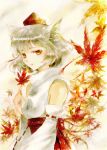  1girl animal_ears autumn_leaves breasts detached_sleeves hat holding holding_leaf inubashiri_momiji keiko_(mitakarawa) leaf looking_at_viewer maple_leaf pom_pom_(clothes) red_eyes short_hair silver_hair skirt smile solo tokin_hat touhou wolf_ears 