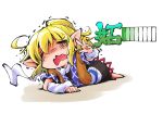  1girl ahoge arm_warmers blonde_hair closed_eyes health_bar lying mizuhashi_parsee on_stomach open_mouth outstretched_arm pointy_ears scarf shinapuu skirt touhou 