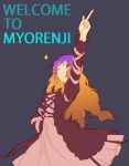  1girl :3 aharan breasts brown_hair dress gradient_hair hijiri_byakuren kamina_pose layered_dress long_hair long_sleeves looking_at_viewer multicolored_hair outstretched_arm pointing pointing_up puffy_sleeves purple_hair red_eyes saturday_night_fever smile solo text touhou wink 
