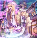  2girls absurdres architecture blonde_hair bow breasts cherry_blossoms closed_eyes covered_mouth dress fan fox_tail frilled_dress frills gap hair_bow hat hat_ribbon highres holding japanese_clothes kitsune long_hair long_sleeves looking_at_viewer multiple_girls multiple_tails ofuda petals red_bow red_ribbon ribbon seneto short_hair sleeves_past_wrists tail touhou violet_eyes yakumo_ran yakumo_yukari 