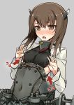  1girl blush brown_eyes brown_hair headband headgear kantai_collection open_mouth personification short_hair simple_background solo taihou_(kantai_collection) yanagi_(tsukiakari) 