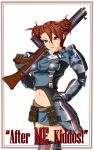  1girl armor border brigitte_stark brown_hair double_bun gloves gun hand_on_hip highres iforher military military_uniform miniskirt navel pauldrons red_eyes senjou_no_valkyria senjou_no_valkyria_1 skirt smile submachine_gun thigh-highs uniform weapon 