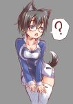  1girl ? animal_ears blue_eyes blush breasts glasses highres leaning_forward open_mouth short_hair simple_background solo spirytus_tarou tail thigh-highs white_legwear 