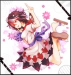  1girl bad_id black_hair bow directional_arrow dress flower gensou_aporo horns kijin_seija legs_up multicolored_hair pointing red_eyes redhead short_hair short_sleeves smile solo streaked_hair tongue tongue_out touhou white_hair 