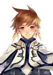  1boy brown_hair earrings feathers green_eyes highres jewelry kamokasa male shawl shirt slay_(tales) smile solo tales_of_(series) tales_of_zestiria white_background 
