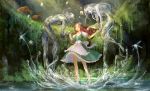 1boy 2girls apron barefoot brown_eyes brown_hair creature deer dress fantasy forest holding_hands light_particles long_hair looking_at_another multiple_girls nature nixie_(mythology) original pond scenery short_hair sunlight transparent walking_on_water water you_(shimizu) 