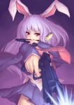  1girl ammunition animal_ears blazer blush breasts case die_blonde_bestie gun highres lavender_hair long_hair necktie rabbit_ears red_eyes reisen_udongein_inaba skirt solo touhou weapon 