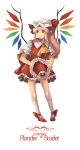 1girl ascot blonde_hair character_name dress flandre_scarlet flower frills kneehighs mob_cap payot pigeon-toed red_eyes side_ponytail silence_girl smile solo touhou white_legwear wings wreath 