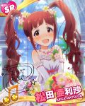  1girl alternate_costume artist_request bouquet bride brown_eyes brown_hair character_name dress earrings flower hair_flower hair_ornament idolmaster idolmaster_million_live! jewelry jpeg_artifacts matsuda_arisa musical_note necklace official_art signature twintails wedding_dress 