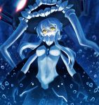  1girl bodysuit breasts bubble cape gloves glowing glowing_eyes highres kantai_collection long_hair looking_at_viewer pale_skin personification remirya_koumakan shinkaisei-kan silver_hair solo underwater wo-class_aircraft_carrier yellow_eyes 