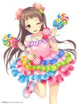  1girl ;d brown_hair candy frilled_skirt frills green_eyes hair_ornament holding ilog jewelry lollipop long_hair looking_at_viewer necklace occhan_(artist) official_art one_eye_closed open_mouth skirt smile solo tagme 