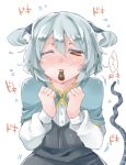  1girl akagashi_hagane animal_ears blush capelet clenched_hands grey_hair mouse_ears mouse_tail nazrin pocky pocky_kiss red_eyes shared_food short_hair simple_background solo tail touhou white_background wink 