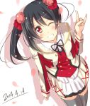  1girl \m/ black_hair blush bow hair_bow jiino looking_at_viewer love_live!_school_idol_project red_eyes rough skirt smile solo thigh-highs twintails wink yazawa_nico 