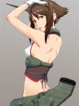  1girl arms_up bare_shoulders breasts brown_hair butt_crack earrings echonao199x gloves green_eyes grey_background jewelry kantai_collection long_hair mutsu_(kantai_collection) parted_lips sideboob simple_background solo 