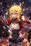  1girl ? bleeding blonde_hair blood blood_on_face bobomaster breasts cleavage demon_tail dress gloves phone pixiv_fantasia pixiv_fantasia_fallen_kings red_eyes sharp_teeth short_hair smile solo stabbed sword tail weapon 