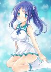  1girl blue_eyes blue_hair hiradaira_chisaki long_hair nagi_no_asukara nikoo sailor_dress school_uniform serafuku side_ponytail sitting yokozuwari 